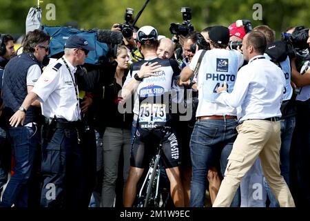 Allemand Tony Martin de l'équipe Omega Pharma - Quick Step célèbre après avoir remporté la phase 9 de l'édition 101st de la course cycliste Tour de France, à 170 km de Gerardmer à Mulhouse, le dimanche 13 juillet 2014, en France. Banque D'Images