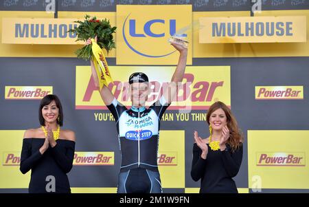 Allemand Tony Martin de l'équipe Omega Pharma - Quick Step célèbre après avoir remporté la phase 9 de l'édition 101st de la course cycliste Tour de France, à 170 km de Gerardmer à Mulhouse, le dimanche 13 juillet 2014, en France. Banque D'Images