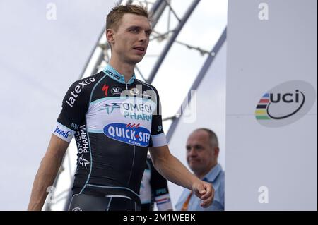 Allemand Tony Martin de l'équipe Omega Pharma - Quick Step photographié pendant le procès en équipe masculine aux championnats du monde de cyclisme de l'UCI à Ponferrada, Espagne, dimanche 21 septembre 2014. Banque D'Images