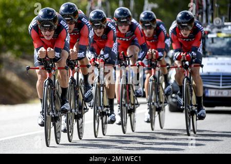 Les pilotes de l'équipe BMC Racing ont été photographiés pendant le procès en équipe masculine aux championnats du monde de cyclisme UCI à Ponferrada, Espagne, le dimanche 21 septembre 2014. Banque D'Images