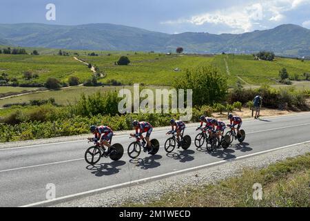 Les pilotes de l'équipe BMC Racing ont été photographiés pendant le procès en équipe masculine aux championnats du monde de cyclisme UCI à Ponferrada, Espagne, le dimanche 21 septembre 2014. Banque D'Images