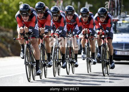 Les pilotes de l'équipe BMC Racing ont été photographiés pendant le procès en équipe masculine aux championnats du monde de cyclisme UCI à Ponferrada, Espagne, le dimanche 21 septembre 2014. Banque D'Images