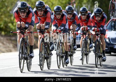 Les pilotes de l'équipe BMC Racing ont été photographiés pendant le procès en équipe masculine aux championnats du monde de cyclisme UCI à Ponferrada, Espagne, le dimanche 21 septembre 2014. Banque D'Images