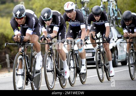 Omega Pharma - les coureurs Quick Step photographiés pendant le procès en équipe masculine aux championnats du monde de cyclisme UCI à Ponferrada, Espagne, dimanche 21 septembre 2014. Banque D'Images