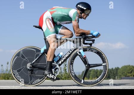 Vasil Kiryienka biélorusse de Team Sky photographié lors de la course de temps individuel d'élite masculine aux championnats du monde de cyclisme UCI à Ponferrada, Espagne. Banque D'Images