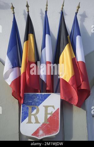 20141004 - LE HAVRE, FRANCE : illustration des drapeaux belges et français lors d'une cérémonie du 100th anniversaire de la première Guerre mondiale, samedi 04 octobre 2014, au Havre, France. BELGA PHOTO POOL DIDIER LEBRUN Banque D'Images