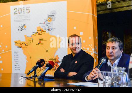 20141023 - ANTWERPEN, BELGIQUE: Christian Prudhomme, directeur cycliste du Tour de France et de l'Alderman d'Anvers Ludo Van Campenhout photographié lors d'une conférence de presse sur l'édition 2015 de la course cycliste Tour de France, jeudi 23 octobre 2014, à Anvers. La troisième étape du Tour commencera à Anvers et se terminera à Huy sur 6 juillet et la quatrième étape commencera à Seraing et se terminera à Cambrai, en France, sur 7 juillet. BELGA PHOTO JONAS ROOSENS Banque D'Images