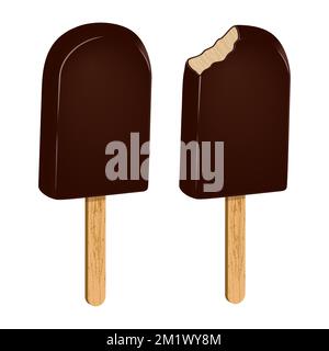 Ensemble de glace en glaçage au chocolat sur un bâton, entier et mordu. Crème glacée au chocolat Popsicle. Produits surgelés aliments sucrés. Affiche alimentaire réaliste 3D. V Illustration de Vecteur