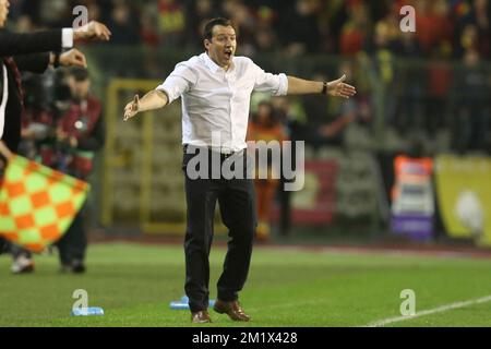 20141116 - BRUXELLES, BELGIQUE : l'entraîneur-chef belge Marc Wilmots photographié lors d'un match de qualification Euro 2016 entre l'équipe nationale belge de football Red Devils et le pays de Galles, dimanche 16 novembre 2014, dans le stade du Roi Baudouin (Boudewijnstadion/ Stade Roi Baudouin) à Bruxelles. BELGA PHOTO BRUNO FAHY Banque D'Images