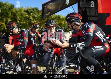 20141217 - DENIA, ESPAGNE: German Marcus Burghardt de BMC Racing Team photographié pendant la journée de presse du camp d'entraînement d'hiver de BMC Rcing Team à Denia, Espagne, mercredi 17 décembre 2014. BELGA PHOTO MANUEL QUEMADELOS Banque D'Images