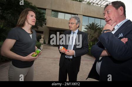 20150324 - DOHA, QATAR : L'ancien joueur de tennis Justine Henin, vice-Premier ministre et ministre des Affaires étrangères Didier Reynders et le PDG de Neobulles Philippe Stassen photographiés le quatrième jour d'une mission économique de la princesse belge Astrid au Qatar et aux Émirats arabes Unis du 21 au 27 mars, mardi 24 mars 2015 à Doha, Qatar. BELGA PHOTO BENOIT DOPPAGNE Banque D'Images