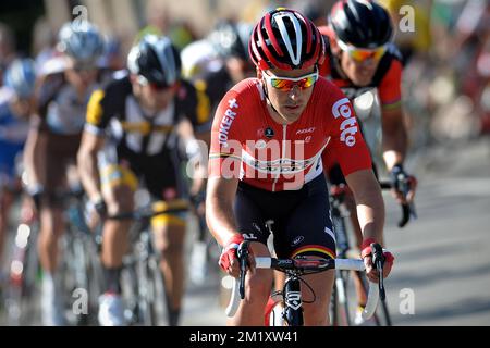 Français Tony Gallopin de Lotto - Soudal photographié en action lors de l'édition 55th de la course cycliste Brabantse Pijl d'une journée, à 203,1 km de Louvain à Overijse, mercredi 15 avril 2015. Banque D'Images