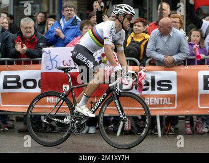 Champion du monde polonais Michal Kwiatkowski de l'équipe Ettix - Quick-Step photographié en action lors de l'édition 101th de la course cycliste d'une journée Liège-Bastogne-Liège, dimanche 26 avril 2015, à Liège. Banque D'Images