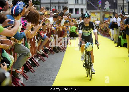 British Mark Cavendish de l'équipe Ettix - Quick-Step photographié avant la phase 3 de l'édition 102nd de la course cycliste Tour de France, à 159,5 km d'Anvers à Huy, lundi 06 juillet 2015. Banque D'Images