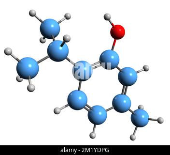 3D image de la formule squelettique Thymol - structure chimique moléculaire du 2-isopropyl-5-méthylphénol isolé sur fond blanc Banque D'Images