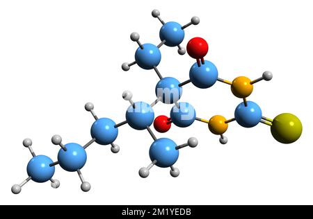 3D image de la formule du squelette thiopental - structure chimique moléculaire du barbiturique à action courte isolé sur fond blanc Banque D'Images