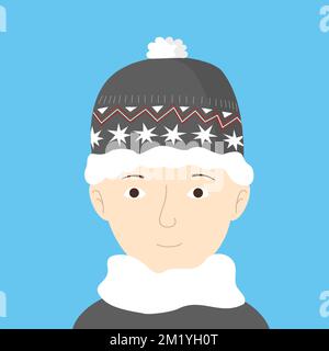 Portrait d'hiver de garçon d'adolescent intelligent. Homme dans un chapeau confortable avec ornement et foulard doux Illustration de Vecteur