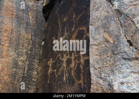 Images anciennes de personnes anciennes sur une grande pierre plate, pétroglyphes dans le tractus Tamgaly-TAS Banque D'Images