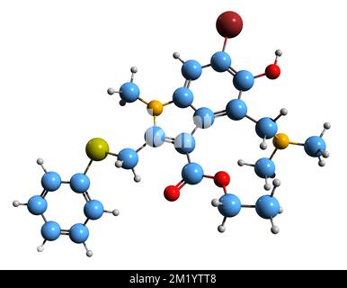 3D image de la formule squelettique de l'Umifénovir - structure chimique moléculaire du médicament antiviral isolé sur fond blanc Banque D'Images