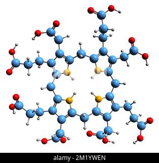 3D image de la formule squelettique de l'uroporphyrinogène III - structure chimique moléculaire du tétrapyrrole isolé sur fond blanc Banque D'Images