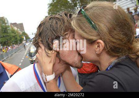 20150927 - RICHMOND, ÉTATS-UNIS: Peter Sagan, slovaque de Tinkoff-Saxo, célèbre après avoir remporté la course d'élite masculine aux championnats du monde de cyclisme sur route UCI à Richmond, Virginie, États-Unis, dimanche 27 septembre 2015. Banque D'Images