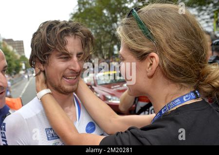 20150927 - RICHMOND, ÉTATS-UNIS: Peter Sagan, slovaque de Tinkoff-Saxo, célèbre après avoir remporté la course d'élite masculine aux championnats du monde de cyclisme sur route UCI à Richmond, Virginie, États-Unis, dimanche 27 septembre 2015. Banque D'Images