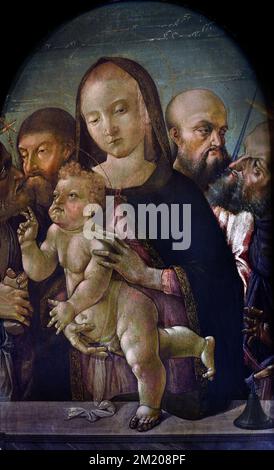 La Madonna col Bambino ei santi Girolamo, Giovanni Battista, Paolo e Antonio Abate - la Madonna et l'enfant avec les saints Jérôme, Jean Baptiste, Paul et Anthony l'Abbé 1480 Maestro di Griselda ( Pietro d'Andrea da Voterra ) par Christian Art, Italie, Italien. Banque D'Images