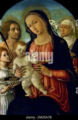 La Madonna col Bambino - la Madonna et l'enfant, Saint-Sébastien Catherine de Sienne et un ange par Matteo di Giovanni 1433-1495 Christian Art, Italie, Italien. Banque D'Images