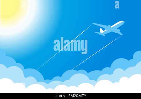 Avion blanc dans le ciel bleu vole au-dessus des nuages près du soleil chaud. Modèle d'arrière-plan vectoriel pour l'en-tête de page Web Illustration de Vecteur