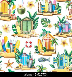 Planches de surf, maisons de plage en bois, plantes tropicales et fleurs. Illustration aquarelle. Motif fluide sur fond blanc du SURF Banque D'Images