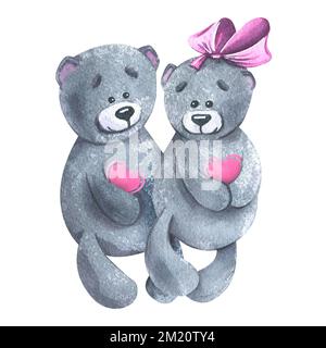 Jouets mous d'ours gris avec coeurs roses dans leurs pattes sur fond blanc. Illustration aquarelle. Composition de la SAINT-VALENTIN Banque D'Images