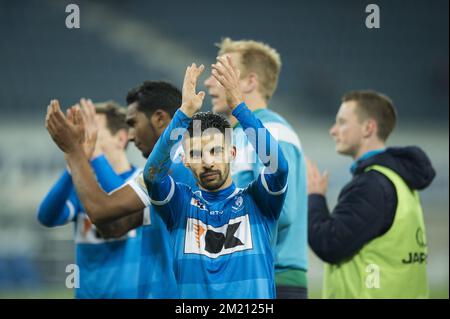 Mabel Boussoufa de Gent célèbre après avoir remporté le match de la Jupiler Pro League entre KAA Gent et Lokeren, à Gent, le vendredi 26 février 2016, le jour 28 du championnat belge de football. BELGA PHOTO JASPER JACOBS Banque D'Images