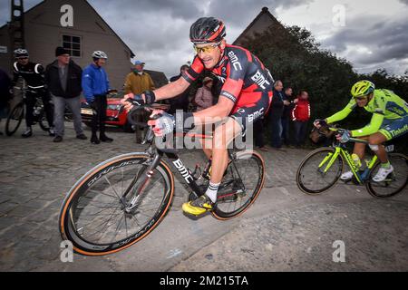 20160323 - WAREGEM, BELGIQUE: Marcus Burghardt allemand de BMC Racing Team sur le Paterberg lors de l'édition 71st de la course cycliste 'DWars Door Vlaanderen', à 199,7 km de Roeselare à Waregem, mercredi 23 mars 2016. Banque D'Images