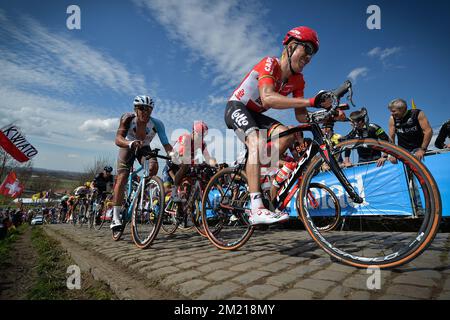 Lars Danois Bak de Lotto Soudal sur le Paterberg lors de l'édition 100th du 'ronde van Vlaanderen - Tour des Flandres - Tour de Flandre' course cycliste d'une journée, 255km de Zedelgem à Oudenarde, dimanche 03 avril 2016. Banque D'Images