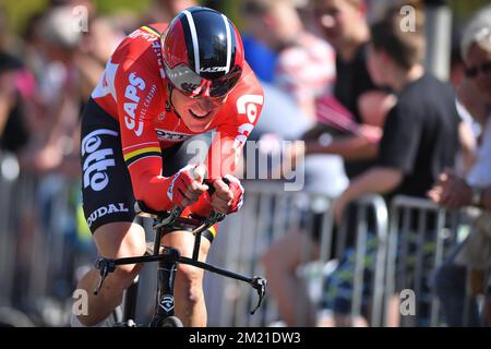 Lars Bak danois de Lotto Soudal photographié en action lors de la première étape de l'édition 99th de la course de vélo Giro d'Italia, un essai individuel de 9,8 km, le vendredi 06 mai 2016, à Apeldoorn, aux pays-Bas. Banque D'Images