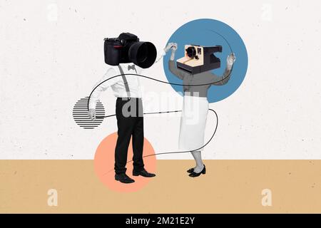 Illustration de photos image de collage minimale de drôles couple date anciens caméras au lieu de têtes isolées dessin arrière-plan Banque D'Images