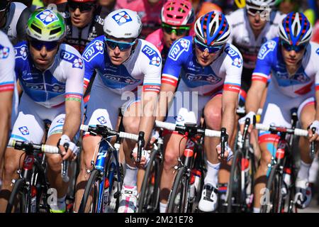 Français Arnaud Demare de FDJ photographié en action lors de la deuxième étape de l'édition 99th de la course de vélo Giro d'Italia, 190km d'Arnhem à Nijmegen, pays-Bas, le samedi 07 mai 2016. Banque D'Images