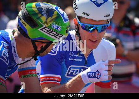 Français Arnaud Demare de FDJ photographié au début de la troisième étape de l'édition 99th de la course de vélo Giro d'Italia, 190km de Nijmegen à Arnhem, pays-Bas, le dimanche 08 mai 2016. Banque D'Images