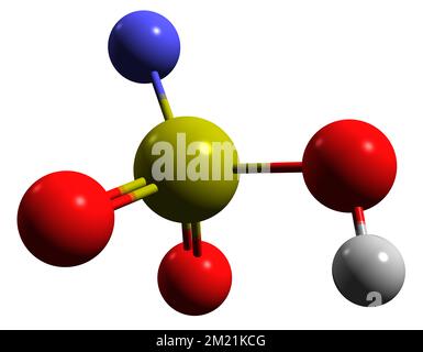 3D image de la formule squelettique de l'acide fluorosulfurique - structure chimique moléculaire de l'acide sulfurofluorique isolé sur fond blanc Banque D'Images