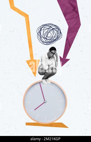 Illustration de photos image de collage minimale d'une femme dépressive, stressée et malheureuse, dont le délai de travail a isolé le fond de dessin Banque D'Images