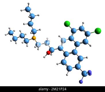 3D image de formule squelettique d'halofantrine - structure chimique moléculaire du médicament antipaludique isolé sur fond blanc Banque D'Images