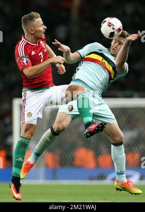 Les Balazs Dzsudzsak de Hongrie et Jan Vertonghen de Belgique se battent pour le ballon lors d'un match de football entre l'équipe nationale belge Red Devils et la Hongrie, lors de la manche de 16 des Championnats d'Europe Euro 2016 de l'UEFA, le dimanche 26 juin 2016, à Toulouse, en France. Le tournoi Euro2016 aura lieu du 10 juin au 10 juillet. BELGA PHOTO VIRGINIE LEFOUR Banque D'Images