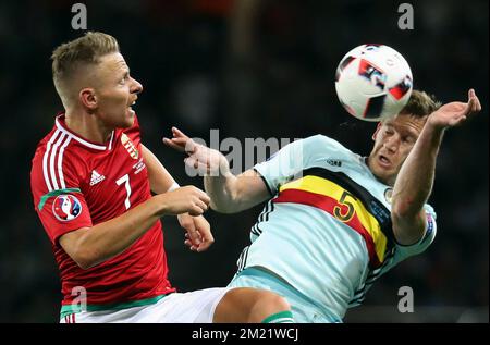 Les Balazs Dzsudzsak de Hongrie et Jan Vertonghen de Belgique se battent pour le ballon lors d'un match de football entre l'équipe nationale belge Red Devils et la Hongrie, lors de la manche de 16 des Championnats d'Europe Euro 2016 de l'UEFA, le dimanche 26 juin 2016, à Toulouse, en France. Le tournoi Euro2016 aura lieu du 10 juin au 10 juillet. BELGA PHOTO VIRGINIE LEFOUR Banque D'Images