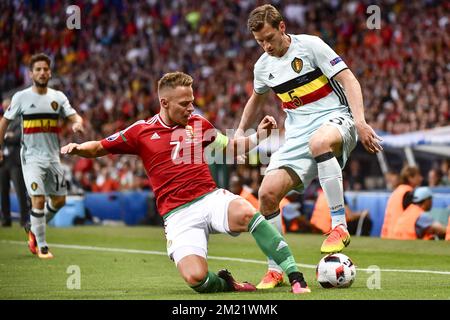 Balazs Dzsudzsak en Hongrie et Jan Vertonghen en en Belgique photographiés en action lors d'un match de football entre l'équipe nationale belge Red Devils et la Hongrie, lors de la ronde 16 des Championnats d'Europe Euro 2016 de l'UEFA, le dimanche 26 juin 2016, à Toulouse, en France. BELGA PHOTO DIRK WAEM Banque D'Images