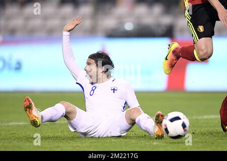 Le Perparim Hetemaj de Finlande réagit lors d'un match de football amical entre l'équipe nationale belge Red Devils et l'équipe nationale finlandaise, le mercredi 01 juin 2016, à Bruxelles. Banque D'Images