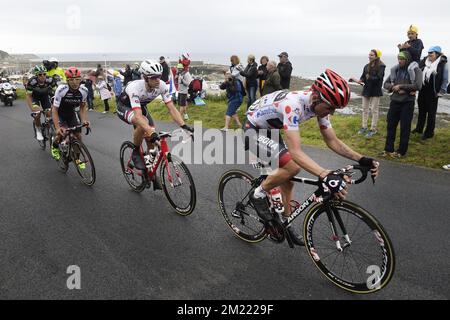 Norvegian Vegard Breen de Fortuneo-Vital concept, italien Cesare Benedetti de Bora-Argon 18, belge Jasper Stuyven de Trek-Segafredo et allemand Paul Voss de Bora-Argon 18 photographié en action pendant la deuxième étape de l'édition 103rd de la course cycliste Tour de France, à 183 km de Saint-Lo à Cherbourg-en-Cotentin, Dimanche 03 juillet 2016, France. Banque D'Images