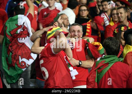 Les supporters du pays de Galles célèbrent après avoir remporté un match de football entre l'équipe nationale belge Red Devils et le pays de Galles, dans les quarts de finale des Championnats d'Europe de l'UEFA Euro 2016, le vendredi 01 juillet 2016, à Lille, en France. Banque D'Images