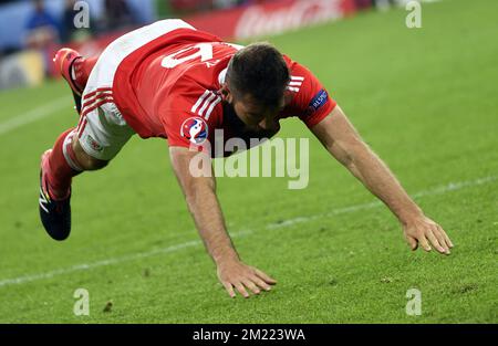 Joe Ledley, pays de Galles, célèbre après avoir marqué son score lors d'un match de football entre l'équipe nationale belge Red Devils et le pays de Galles, dans les quarts de finale des Championnats d'Europe de l'UEFA Euro 2016, le vendredi 01 juillet 2016, à Lille, en France. Banque D'Images