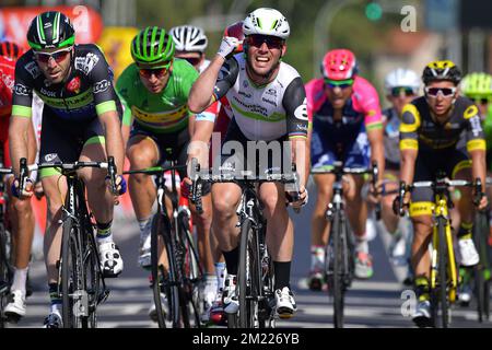 Daniel McLay, de Fortuneo-Vital concept, de Nouvelle-Zélande, et Mark Cavendish, de dimension Data, Sprint pour la fin de la sixième étape de l'édition 103rd de la course cycliste Tour de France, à 190,5 km d'Arpajon-sur-Cere à Montauban, le jeudi 07 juillet 2016, en France. Banque D'Images