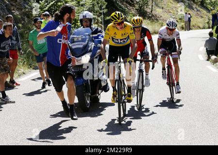 Le Britannique Chris Froome de Team Sky, l'australien Richie porte de BMC Racing Team et le néerlandais Bauke Mollama de Trek-Segafredo photographiés en action pendant la douzième étape de l'édition 103rd de la course cycliste Tour de France, à 162,5 km de Montpellier au Mont Ventoux, en France, le jeudi 14 juillet 2016. Banque D'Images